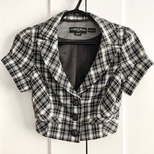 GUESS, Cropped Blazer, Womens, Black & White, Plaid, Cropped Top, Button Up, S‎